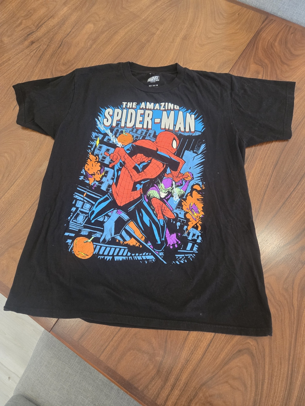 Marvel Black Spider-Man Comic Panel Graphic Tee with Red & Blue Print
